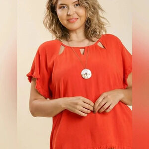 Umgee Linen Blend Cut Out Round Neckline Top with Frayed Fringe Hem